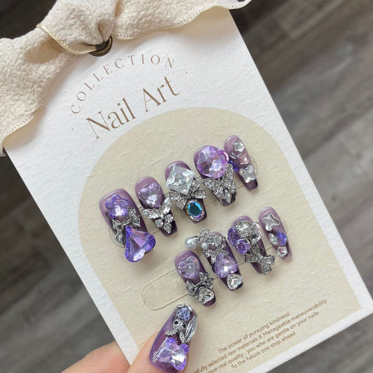 H354 Ocean Heart Gem Silver Rabbit Butterfly Tie Lilac HANDMADE NAIL