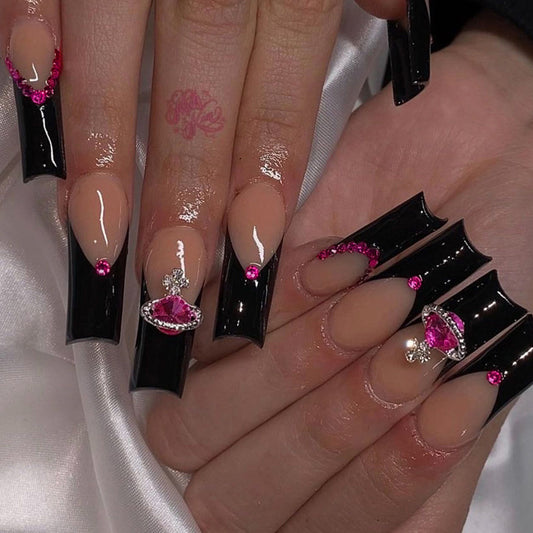 L35 BLACK BORDER ROSE RED RHINESTONE LONG NAIL