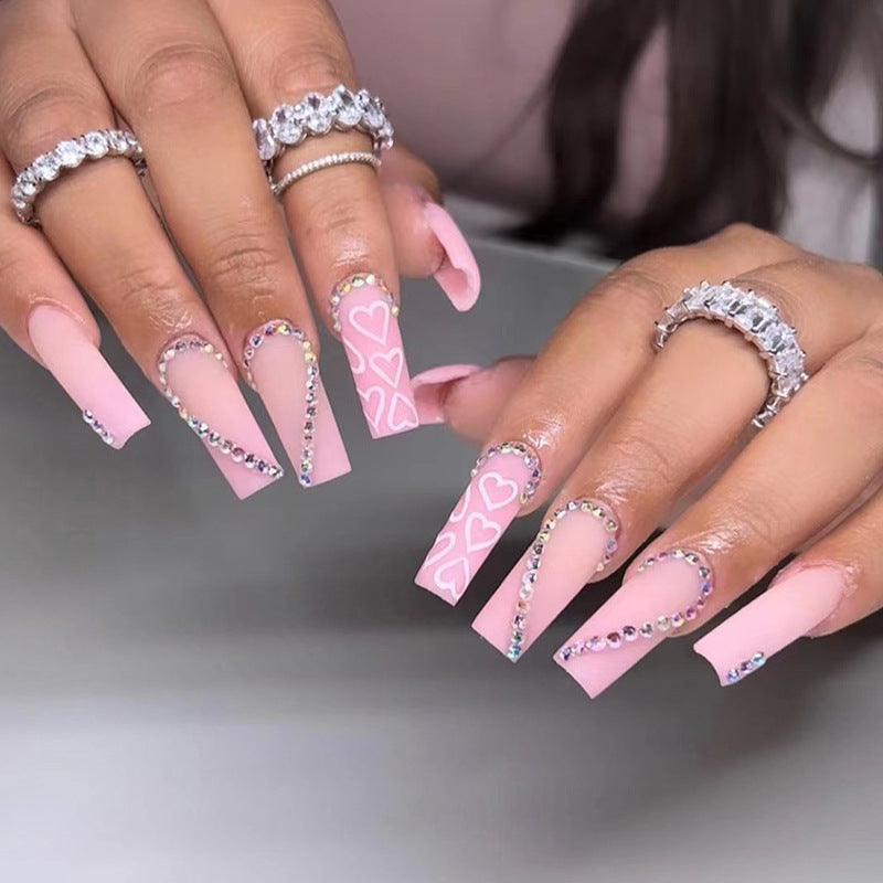 L23 PINK WITH HEART DIAMOND LONG NAIL