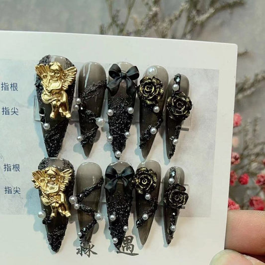 H126 BAROQUE GYPSUM ANGEL BLACK &  WHITE HANDMADE NAIL