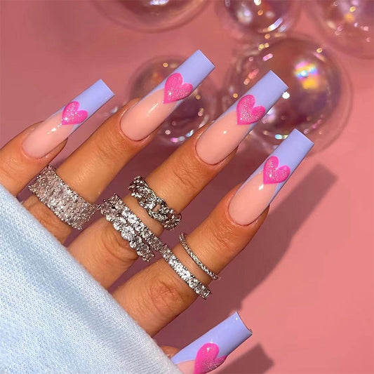 L36 LIGHT BLUE & PINK HEART LONG NAIL