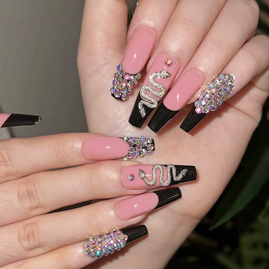 L37 NUDE PINK BLACK SILVER SNAKE DIAMOND LONG NAIL