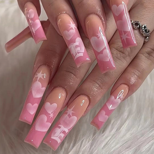 L22 LIGHT PINK WITH HEART LONG NAIL