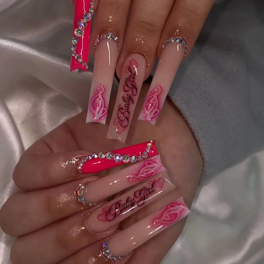 L25 RED & PINK GRAFFITI LONG NAIL