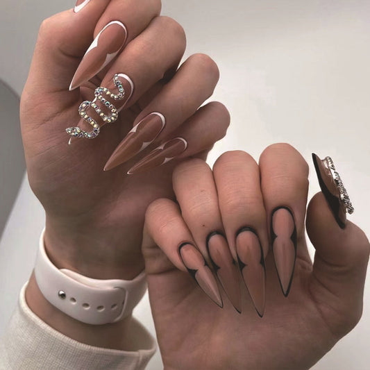 L24 BLACK & WHITE SNAKE LINE LONG NAIL