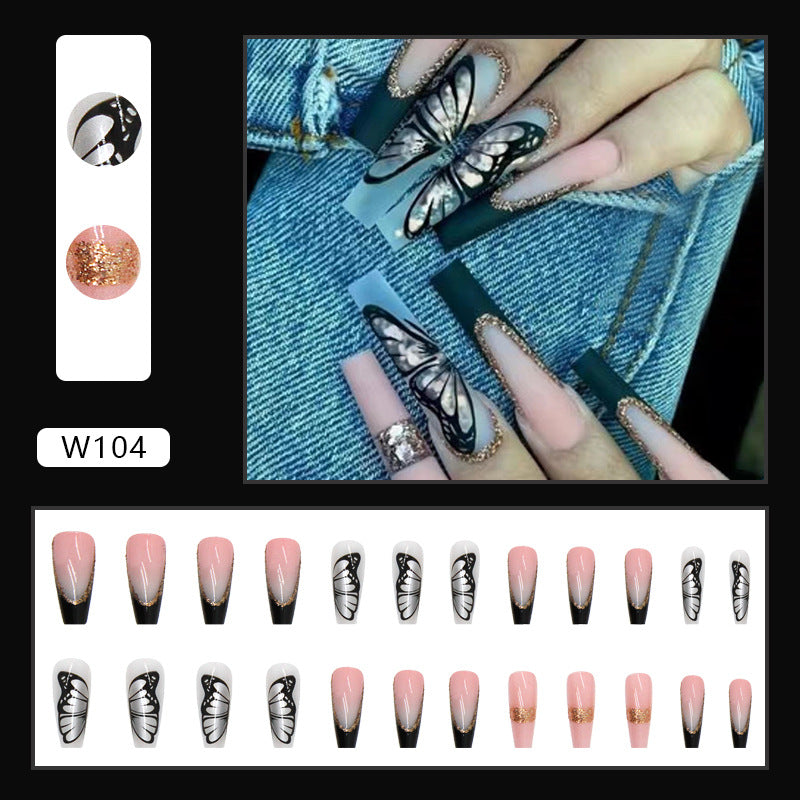 L8 FASHION GOLD BLACK BUTTERFLY LONG NAIL