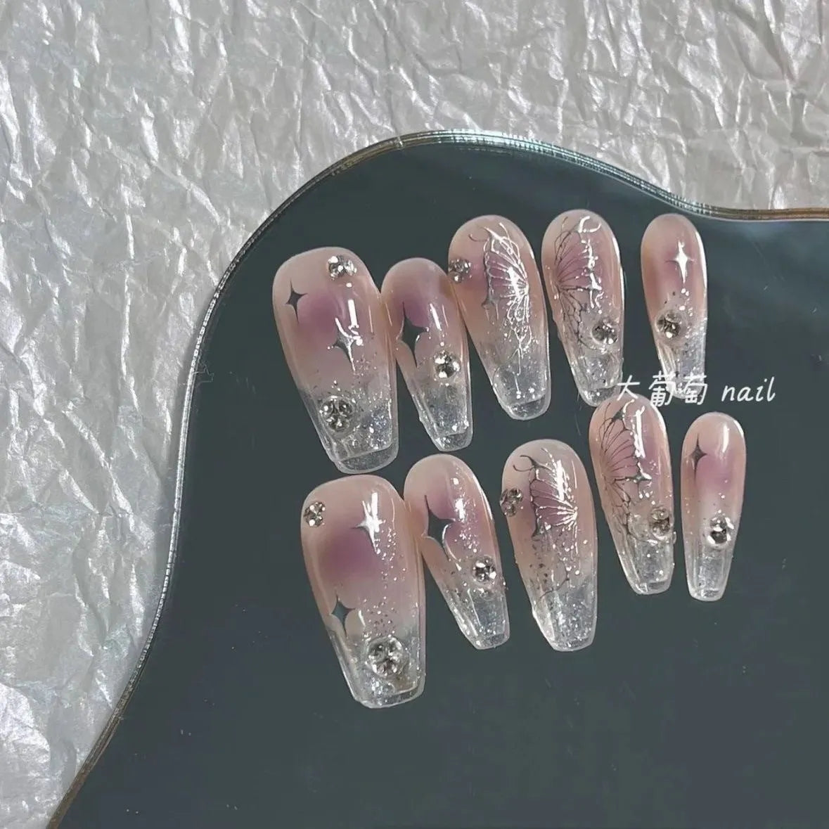 H120 BLUSH BUTTERFLY COFFIN HANDMADE NAIL