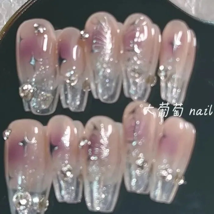 H120 BLUSH BUTTERFLY COFFIN HANDMADE NAIL