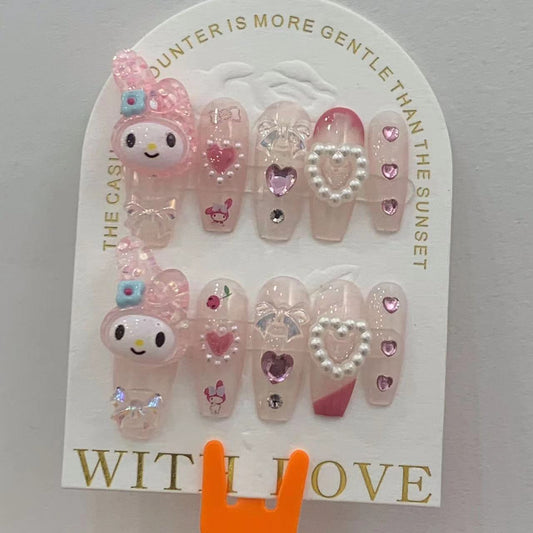 H264 bright pink heart cute rabbit HANDMADE NAIL