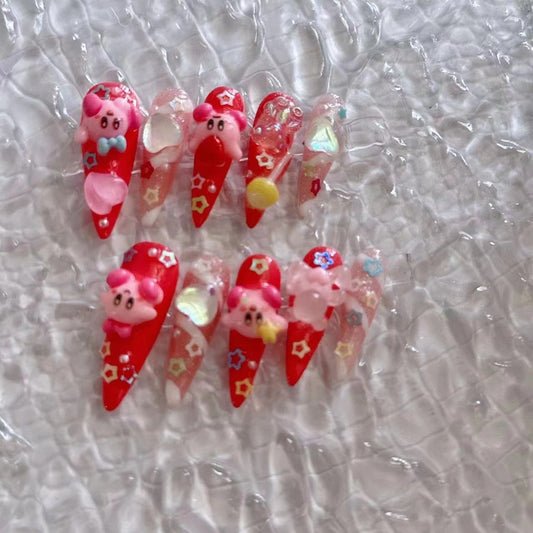 H265 red stars and cute beans HANDMADE NAIL