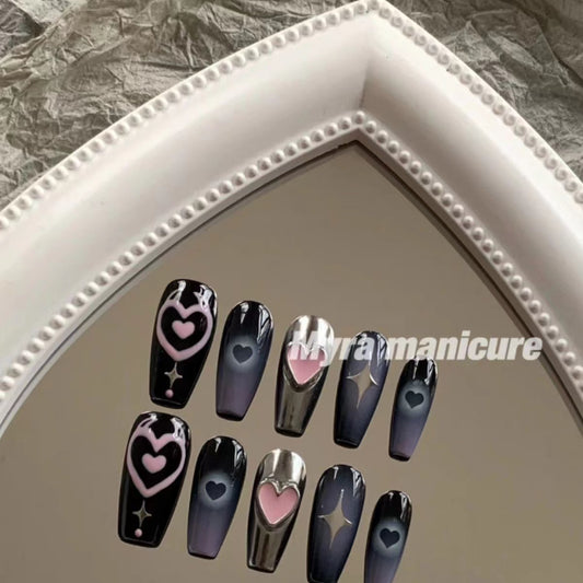 H266 Black heart Silver heart Gray heart HANDMADE NAIL