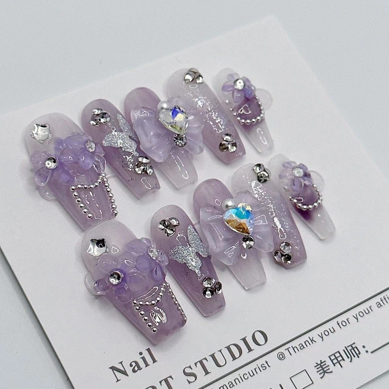 H268 Lilac light purple jade butterfly HANDMADE NAIL