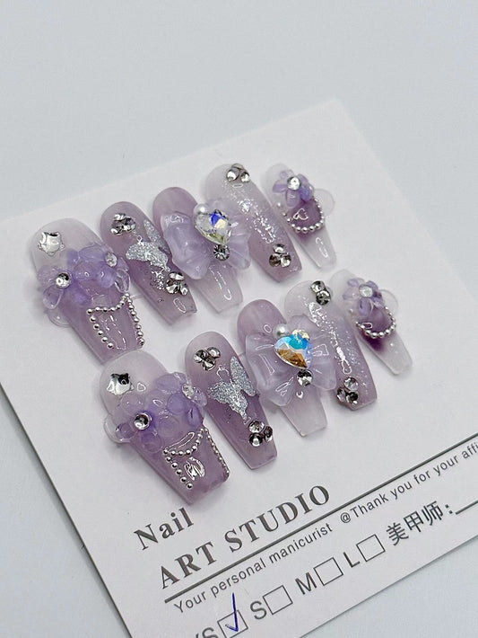 H268 Lilac light purple jade butterfly HANDMADE NAIL