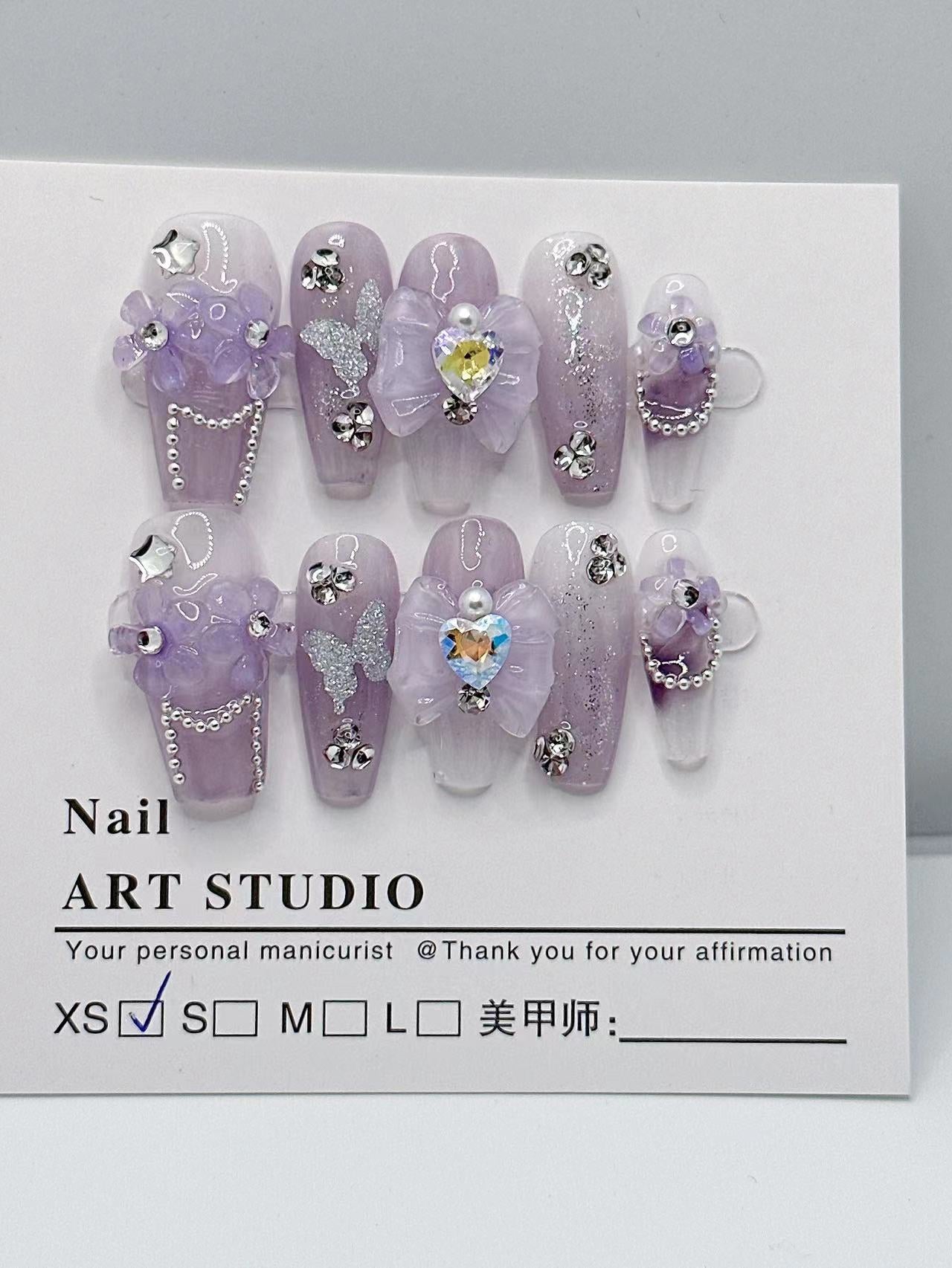 H268 Lilac light purple jade butterfly HANDMADE NAIL