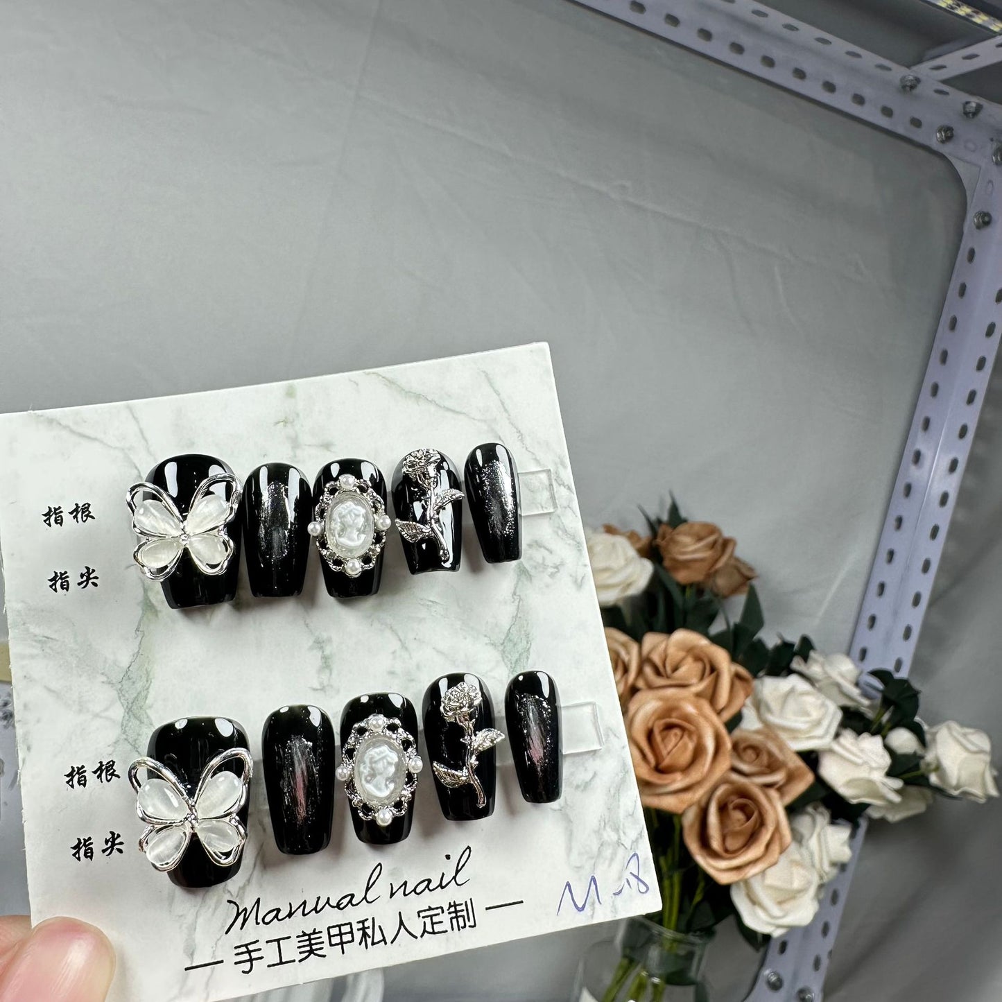 H63 DARK NIGHT BLACK BUTTERFLY PEARL HANDMADE NAIL