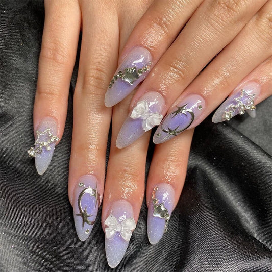 M65 Lilac Purple Bow & Diamond Star MEDIUM NAIL