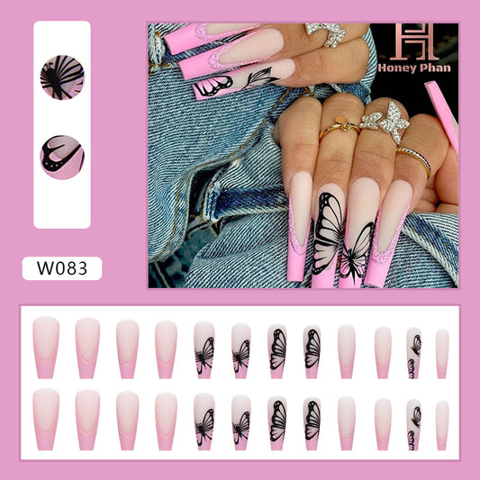 L10 NUDE PINK WITH BLACK BUTTERFLY LONG NAIL