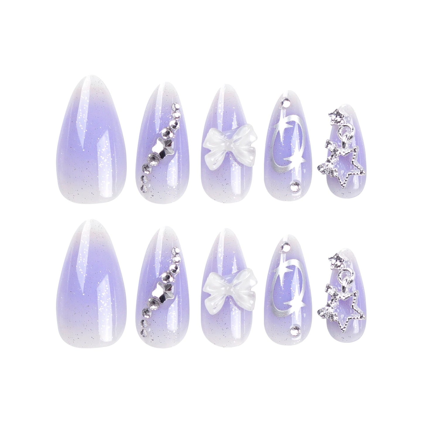 M65 Lilac Purple Bow & Diamond Star MEDIUM NAIL