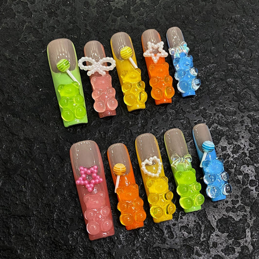 HX5 Colorful teddy bear fudge HANDMADE NAIL