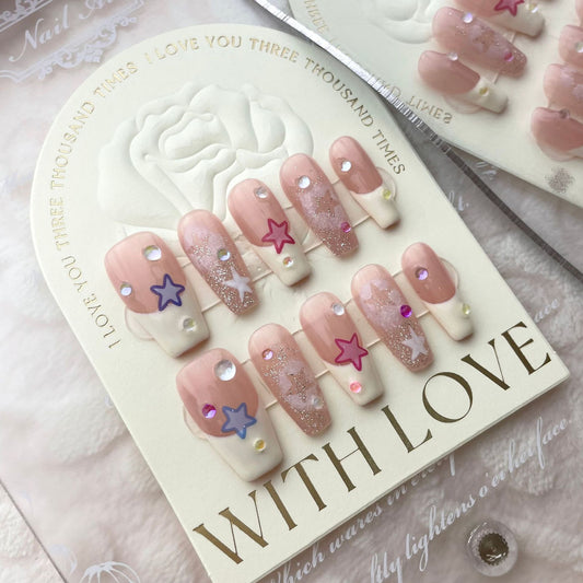 H98 NUDE PINK & WHITE CUTE STARS HANDMADE NAIL