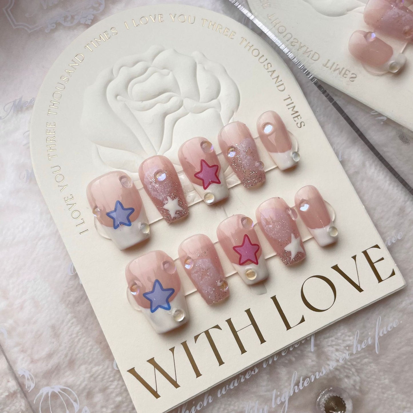 H98 NUDE PINK & WHITE CUTE STARS HANDMADE NAIL