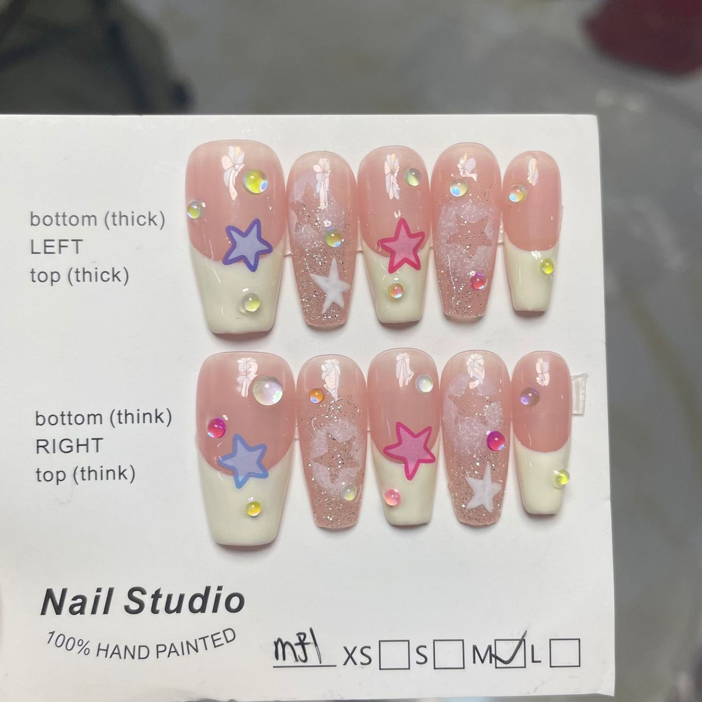 H98 NUDE PINK & WHITE CUTE STARS HANDMADE NAIL