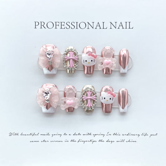 HK12 PINK CUTE KITTY & HUG BEAR CROSS HANDMADE NAIL