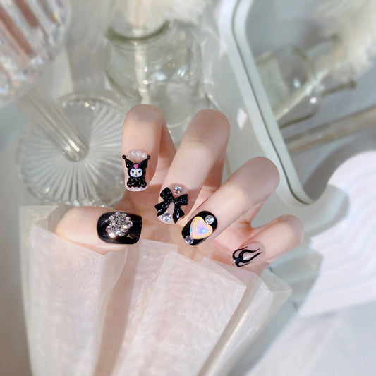 F3 Kuromi Black Bow Heart SHORT NAIL