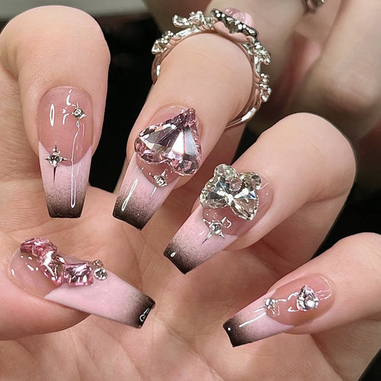 F10 Black pointed baby pink zircon MEDIUM NAIL