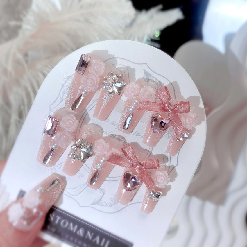 F15 Pink Rose Bow Zirconia MEDIUM NAIL