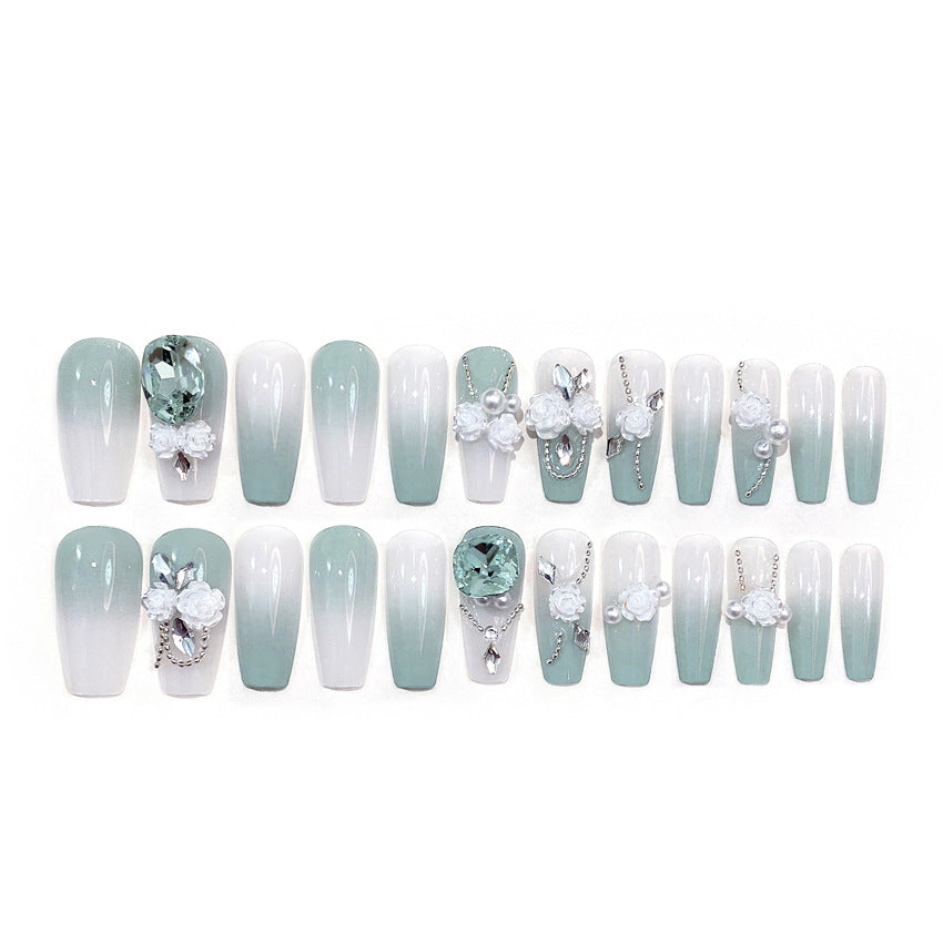 F23 Mint green white rose MEDIUM NAIL