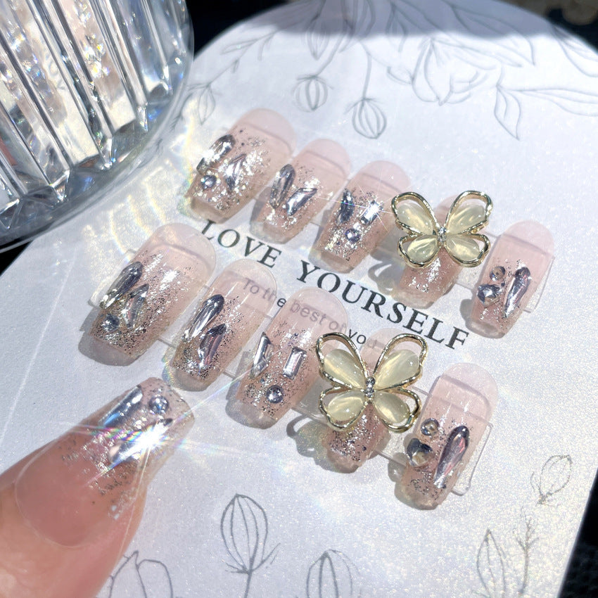 F29 Baby pink glitter butterfly MEDIUM NAIL