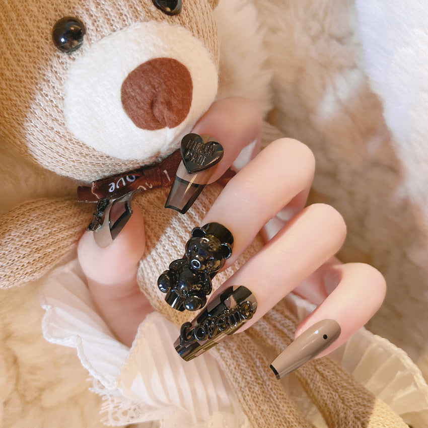 F30 Black checkerboard cute teddy bear MEDIUM NAIL