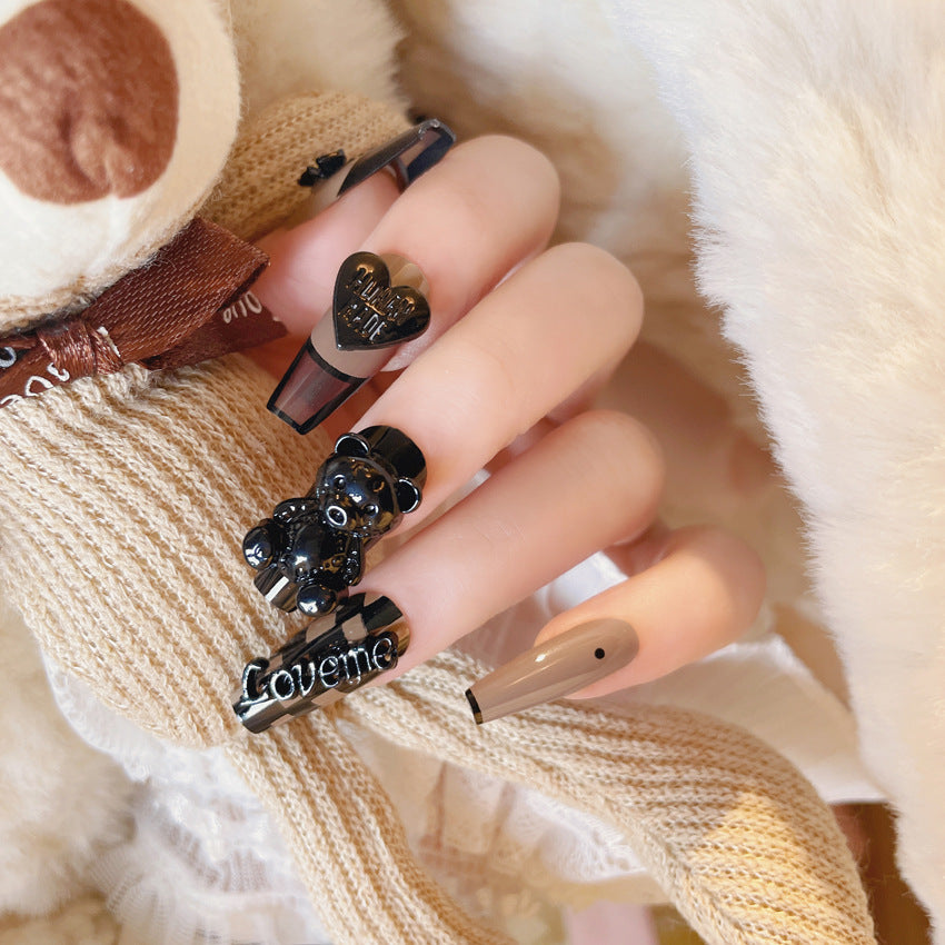 F30 Black checkerboard cute teddy bear MEDIUM NAIL