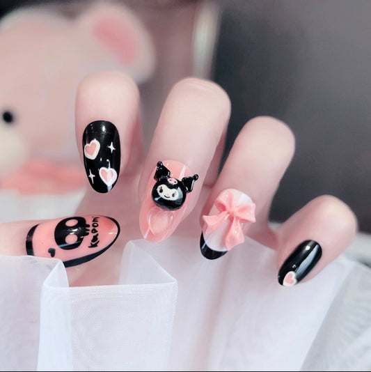 F32 Kuromi Black & Pink Bow Heart SHORT NAIL