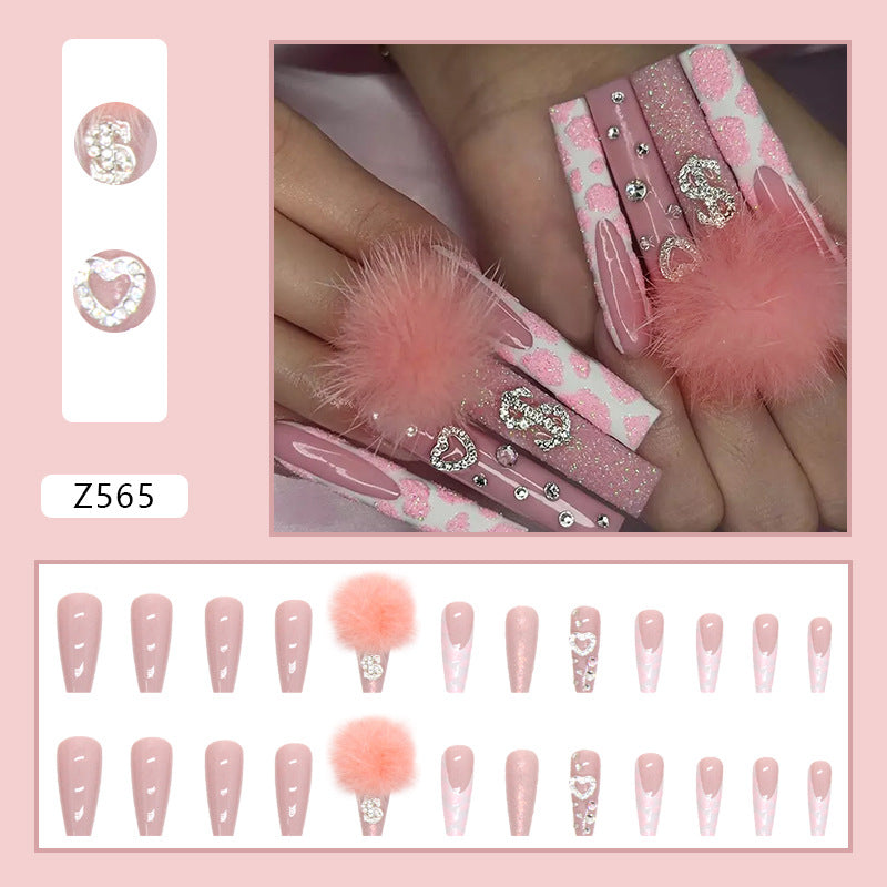 L43 PINK COTTON SUGAR BALL DIAMOND LONG NAIL