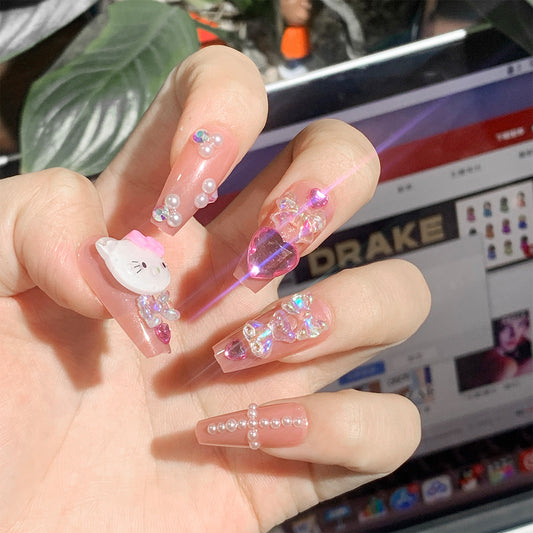 L41 HELLO KITTY PEARL RUBBY HEART LONG NAIL