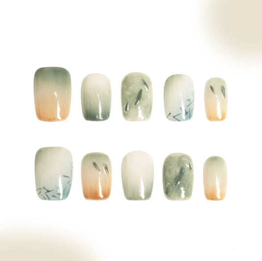 H324 Oriental porcelain bamboo leaf green HANDMADE NAIL