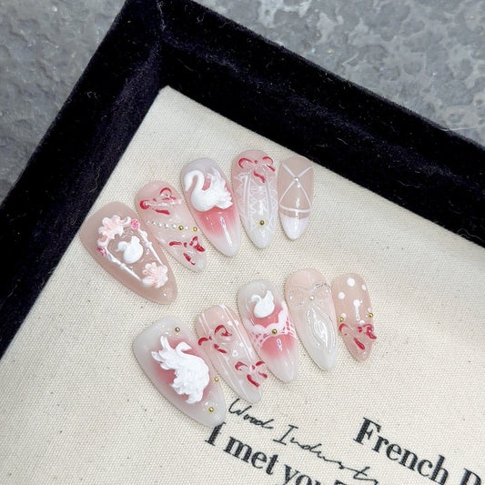 H353 Bow Carving Flowers Love of the White Swan HANDMADE NAIL