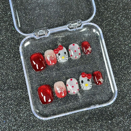 HK62 Pomegranate Red Cat Eye Wave Point Kitty CAT HANDMADE NAIL