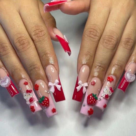 HK31 Strawberry Bow Heart Hot Girl Kitty CAT HANDMADE NAIL