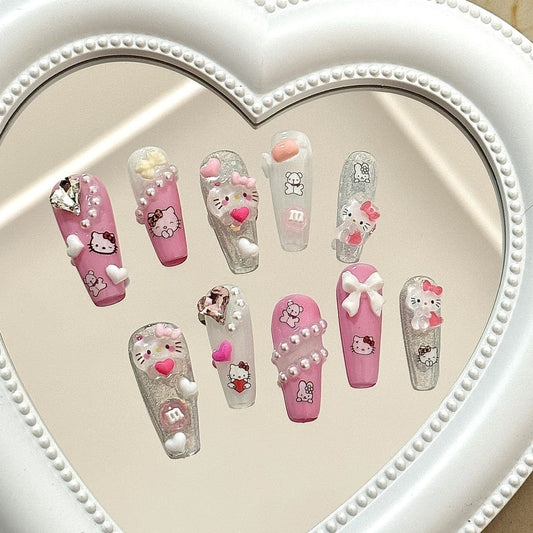 HK29 Baby Pink Pearl Love Kitty CAT HANDMADE NAIL