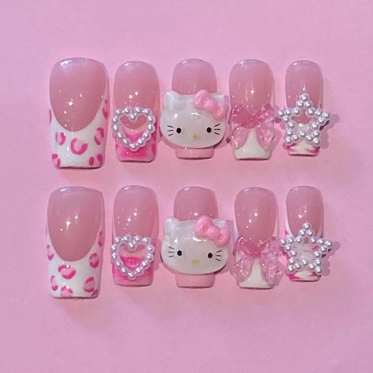 HK24 Pink Leopard Pattern Star Love Kitty CAT HANDMADE NAIL