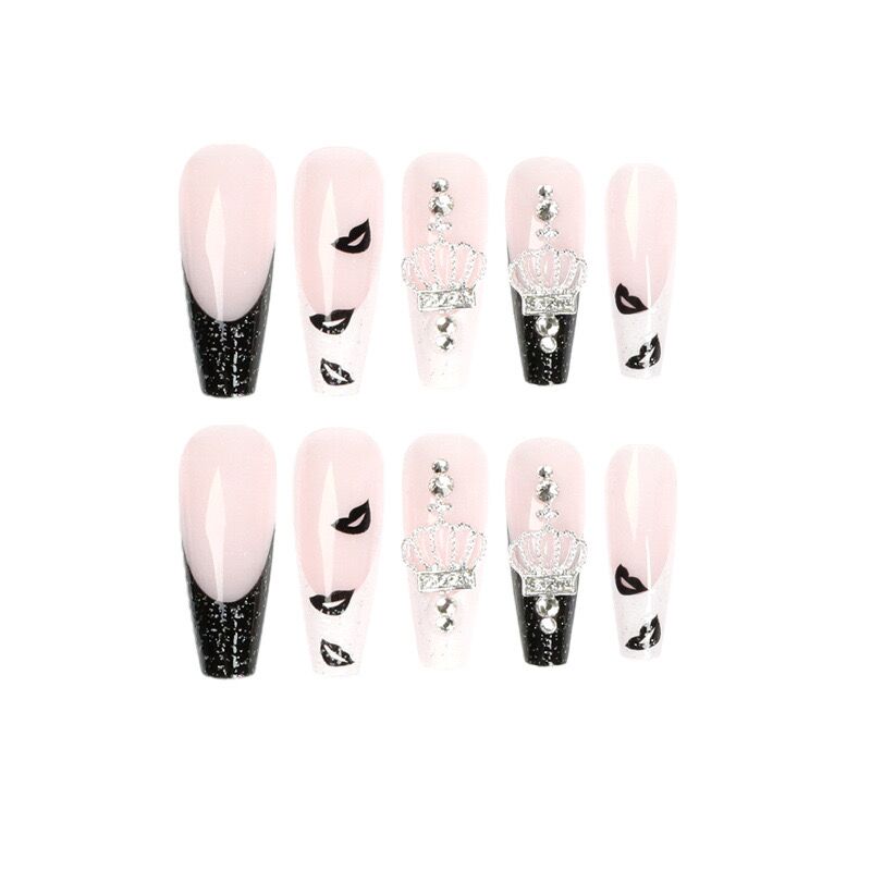 L47 Baby Pink Black Pure Crown LONG NAIL