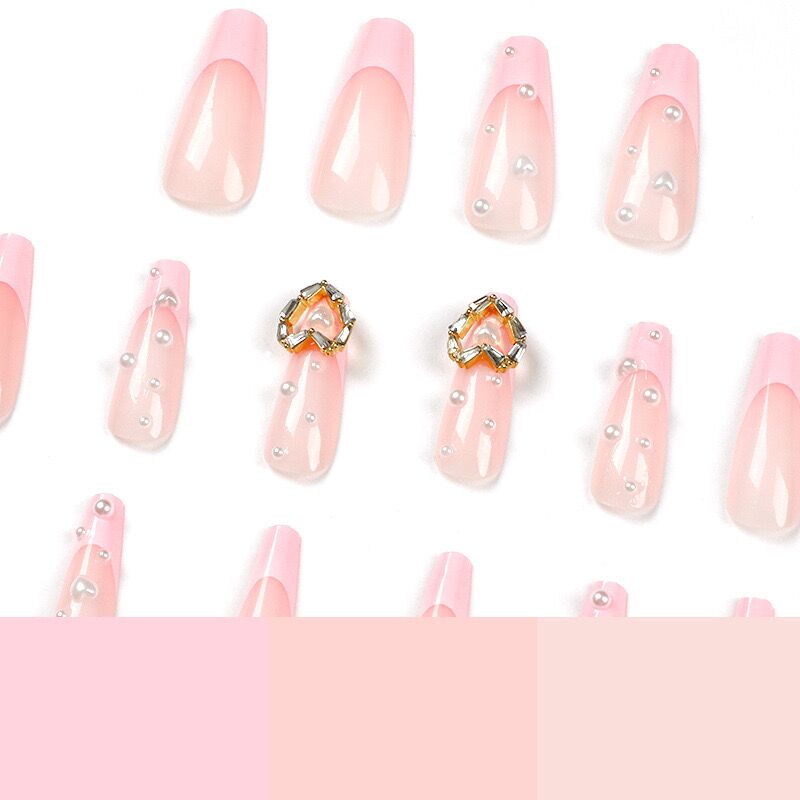 L48 sakura Pink Pearl Gold Heart LONG NAIL