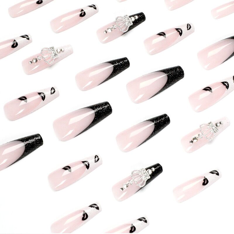 L47 Baby Pink Black Pure Crown LONG NAIL