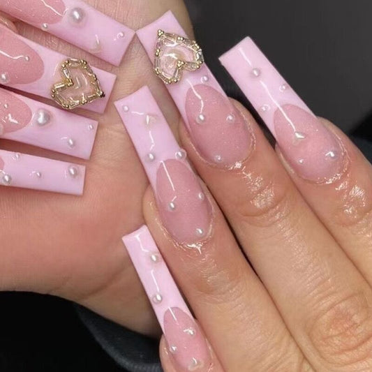 L48 sakura Pink Pearl Gold Heart LONG NAIL