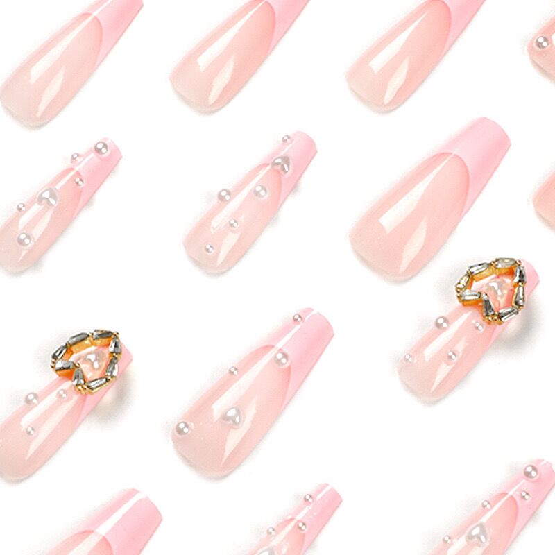 L48 sakura Pink Pearl Gold Heart LONG NAIL