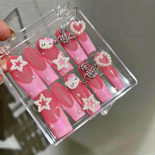 HK18 PINK LOVE CARTOON KITTY HANDMADE NAIL