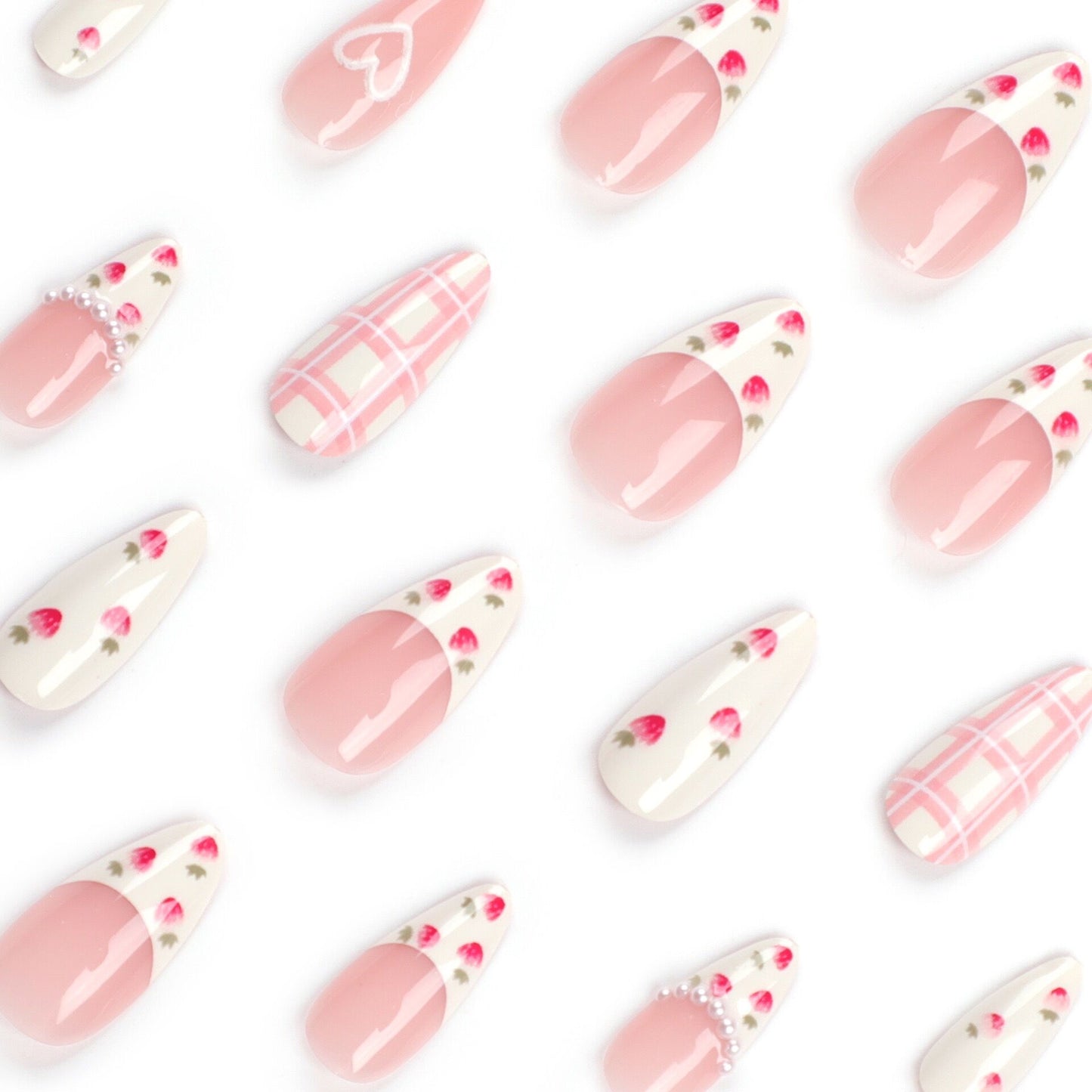 M55 Milk white strawberry spots MEDIUM NAIL